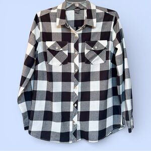 Eddie Bauer Shirt Buffalo Plaid Black & White Flannel 100% Cotton Sz L